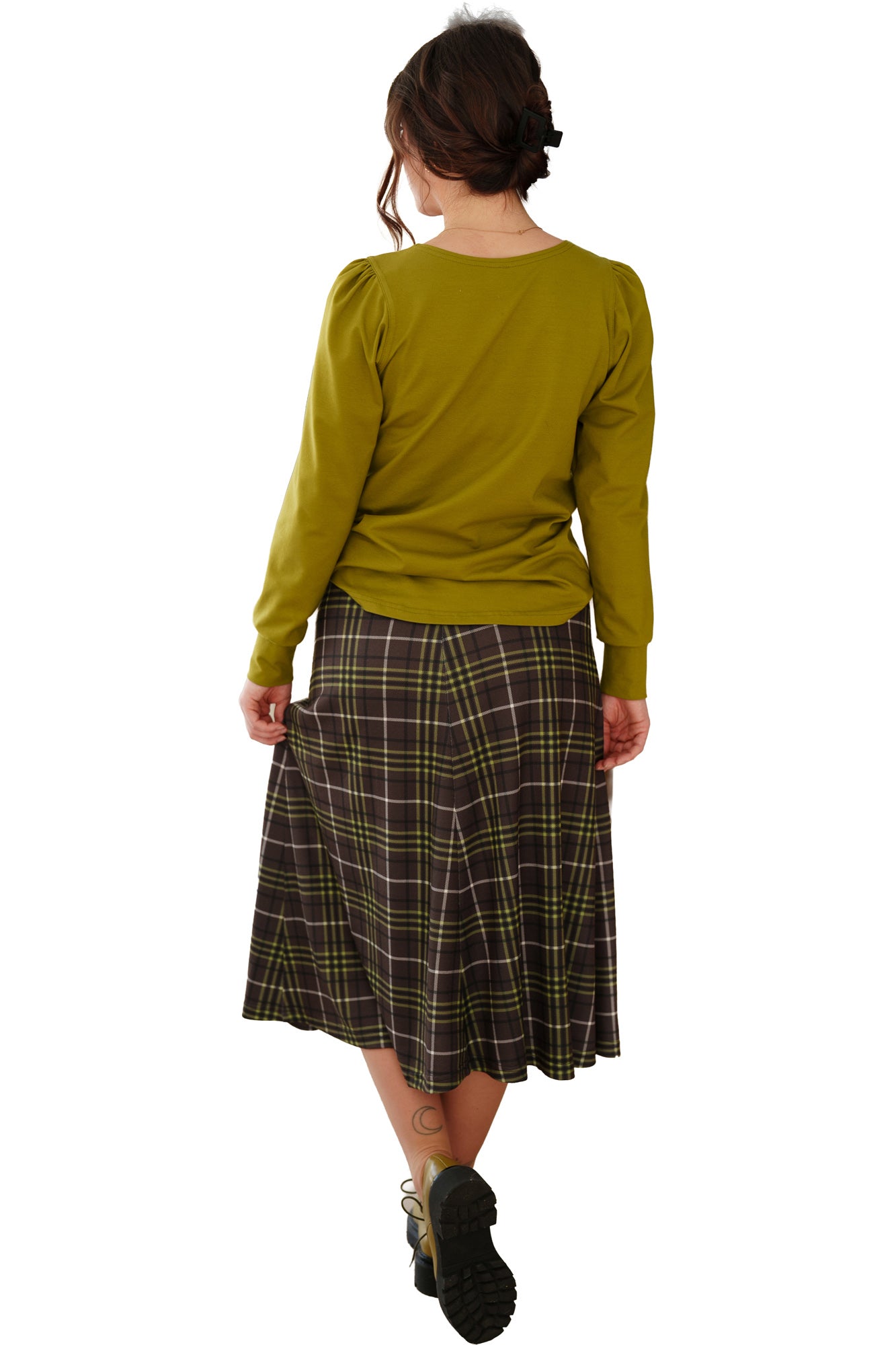 Rien ne se perd, tout se crée women's brown plaid midi skirt with olive and white lines and flared below-knee hem, back view