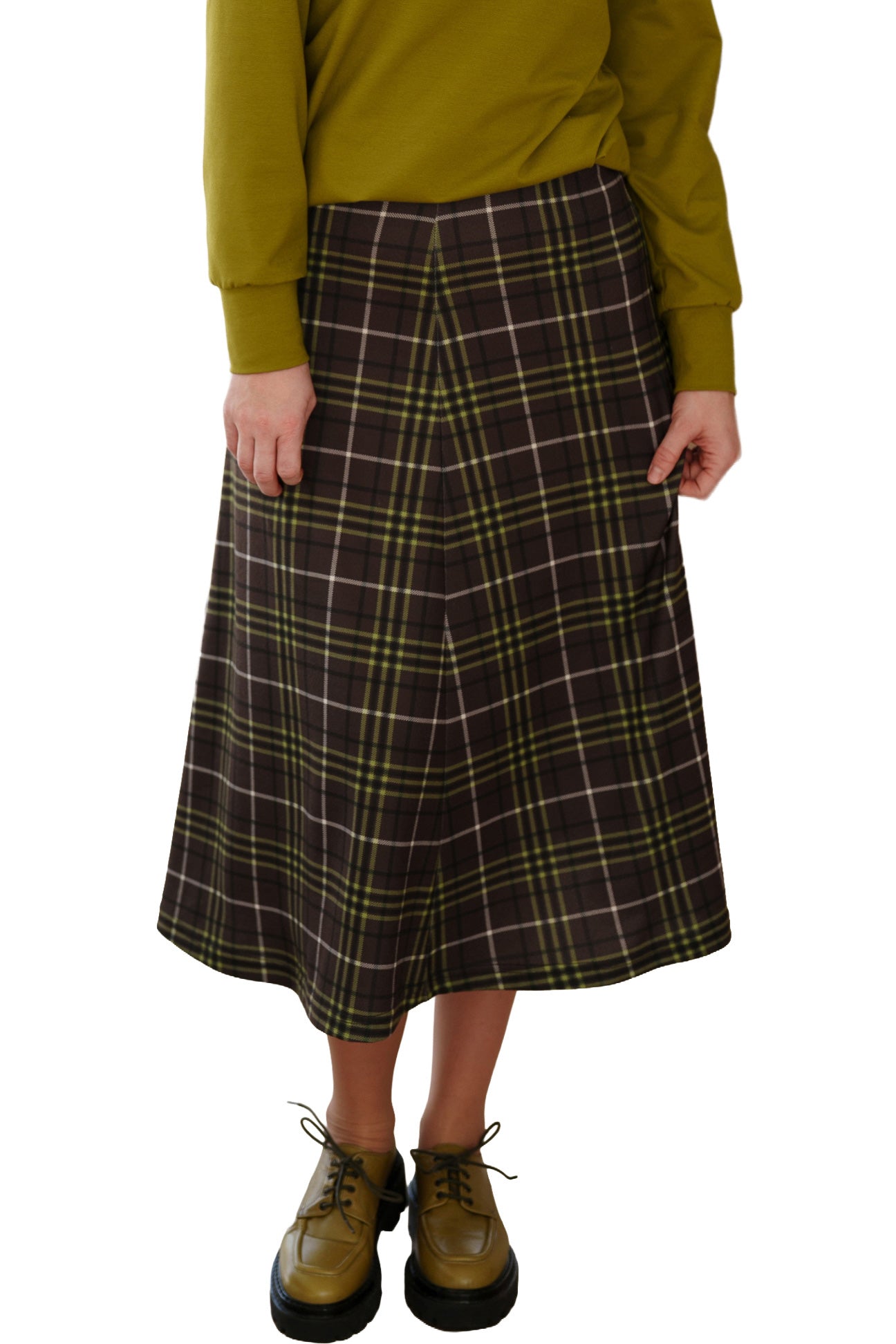 Front view of women's brown plaid midi skirt with olive lines, front pleat, and flared hem by Rien ne se perd, tout se crée