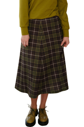 Front view of women's brown plaid midi skirt with olive lines, front pleat, and flared hem by Rien ne se perd, tout se crée