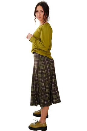 Rien ne se perd, tout se crée women's brown plaid midi skirt with olive lines and a gently flared A-line shape, side view