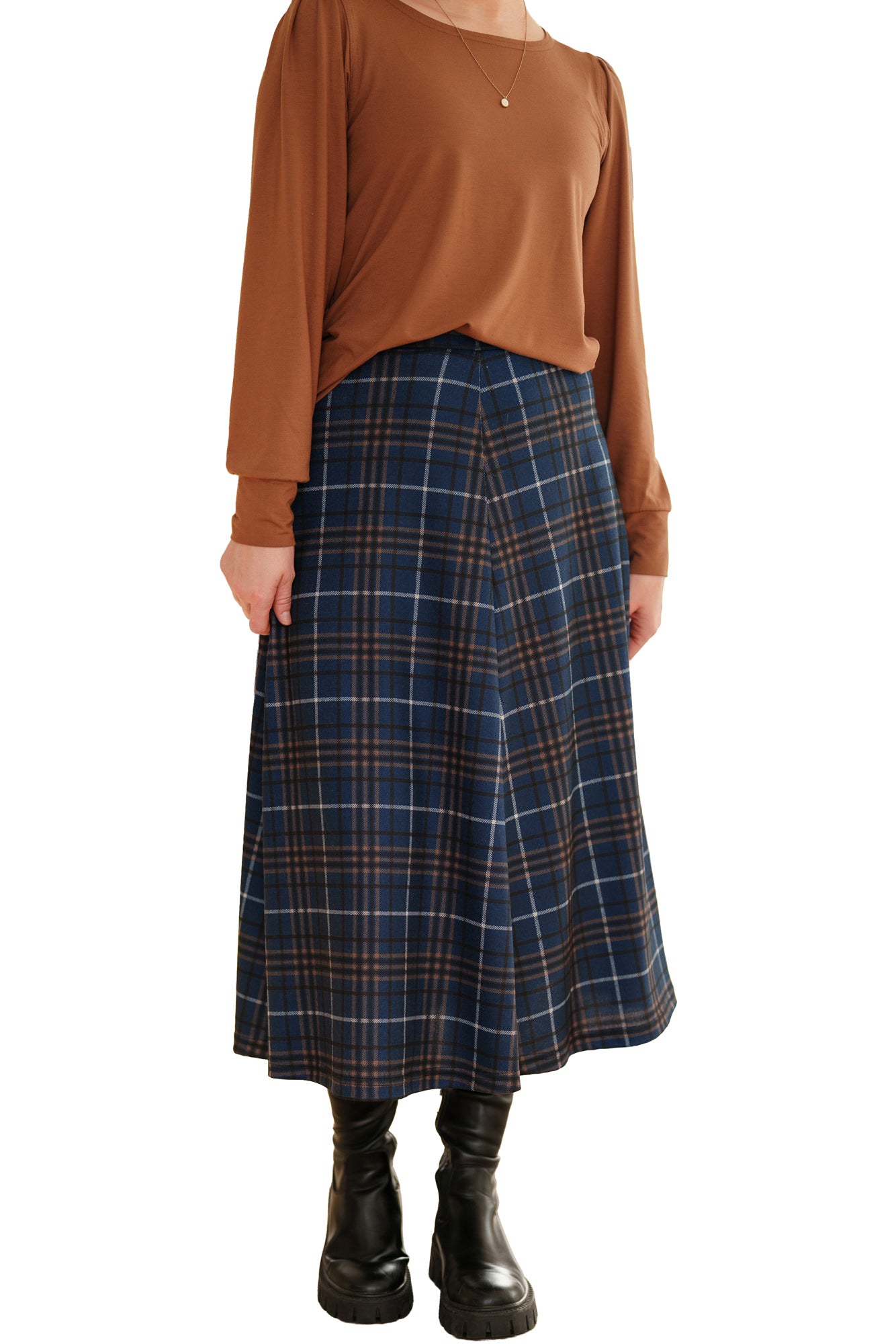 Front model view of women's navy blue plaid midi skirt with brown and white lines by Rien ne se perd, tout se crée