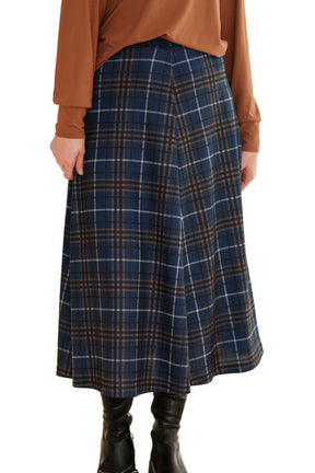 Rien ne se perd, tout se crée women's close front view of navy plaid midi skirt with brown and white grid lines