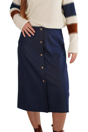 Women's front close view of a navy midi skirt with tan buttons and brown contrast stitching by Rien ne se perd, tout se crée