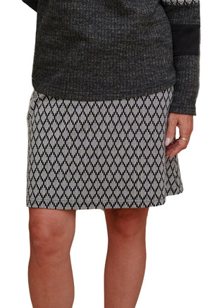 Rien ne se perd, tout se crée women's black and cream geometric mini skirt with straight hem, front model view