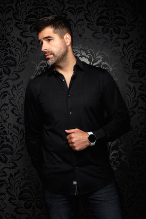 Au Noir men's black button-up shirt with dark buttons, point collar and tonal grid texture shown from the front