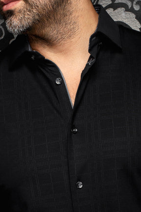 Au Noir men's black button-up shirt shown close-up with tonal grid texture, gray trim, dark buttons and collar