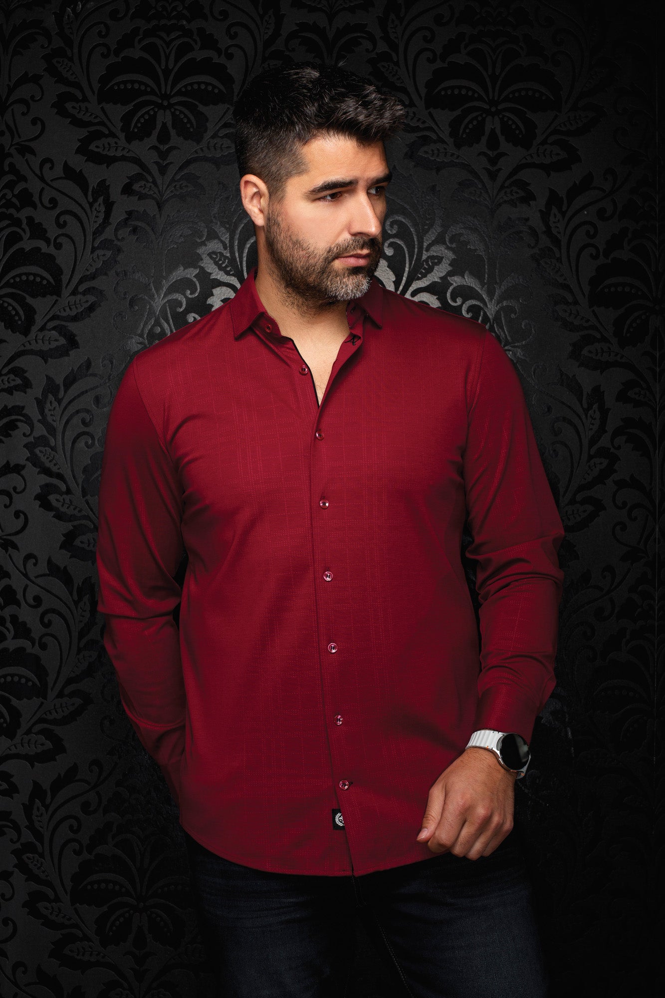 Men's burgundy button-up shirt front view with classic collar and tonal check texture by Au Noir