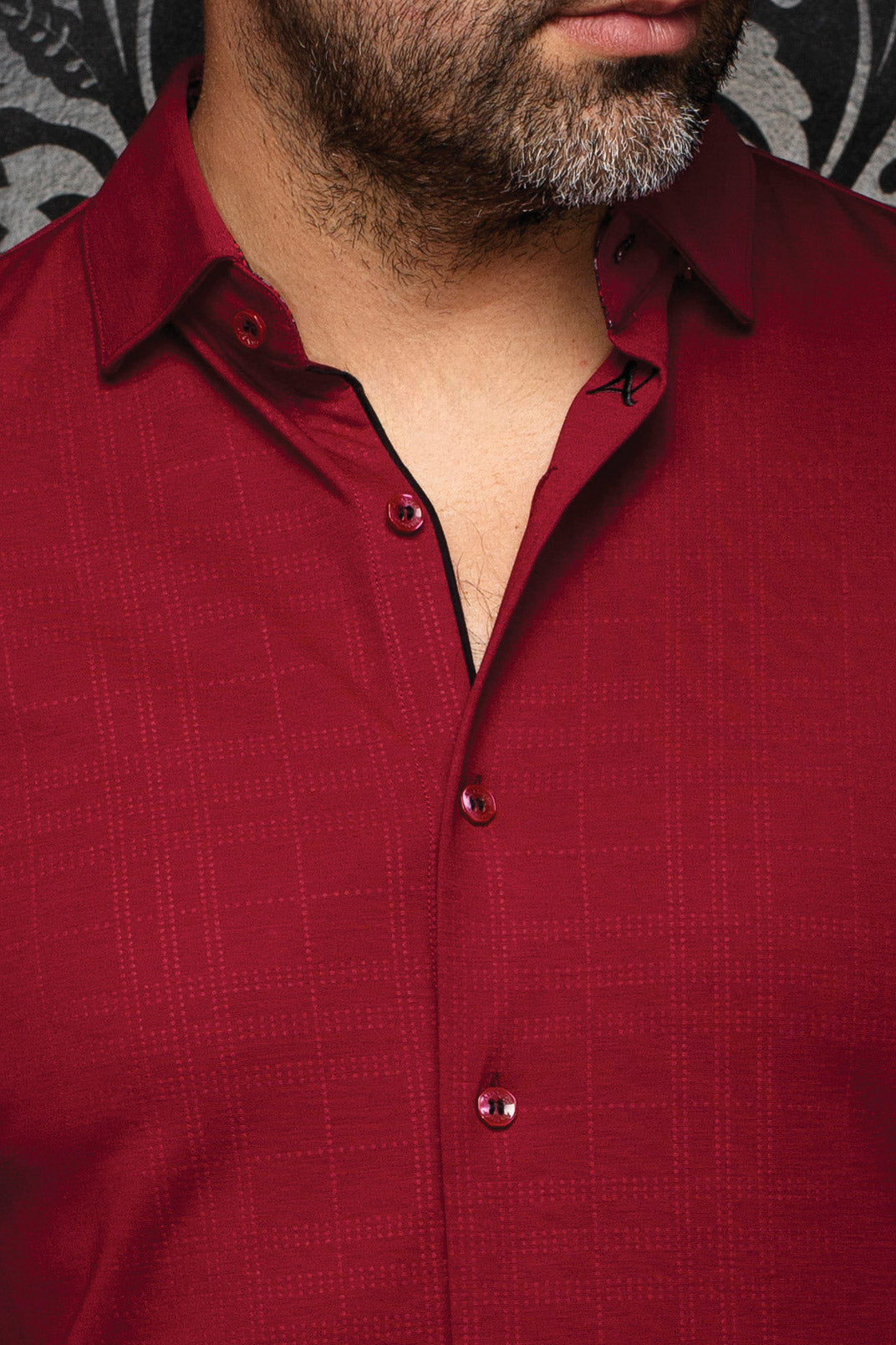 Au Noir men's burgundy shirt collar, black trim, tonal check texture and button placket, close-up