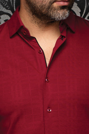 Au Noir men's burgundy shirt collar, black trim, tonal check texture and button placket, close-up
