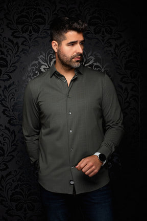 Au Noir men's olive green long sleeve button-up shirt with point collar and button placket, front view