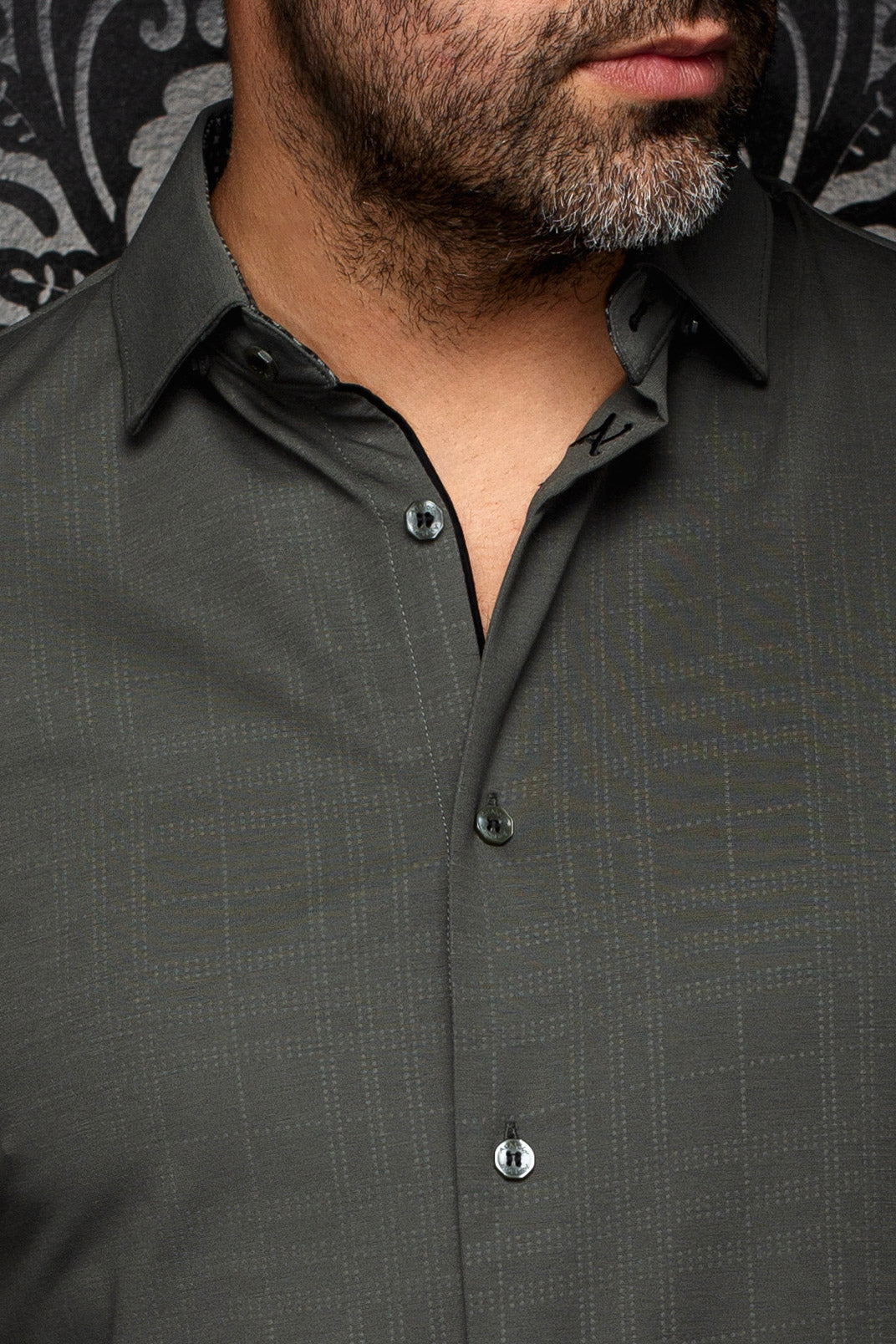 Au Noir men's olive green shirt collar, tonal check texture, black inner trim and buttons, close-up