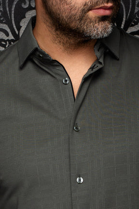 Au Noir men's olive green shirt collar, tonal check texture, black inner trim and buttons, close-up