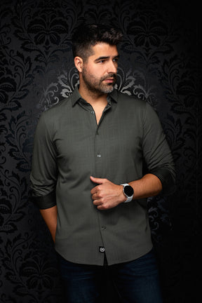 Au Noir men's olive green long sleeve button-up shirt with rolled black contrast cuffs, front view