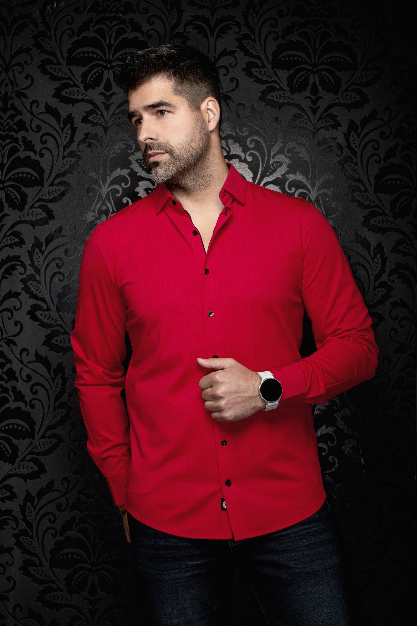 Men's red long sleeve button-up shirt on model, front view with curved hem and black buttons by Au Noir