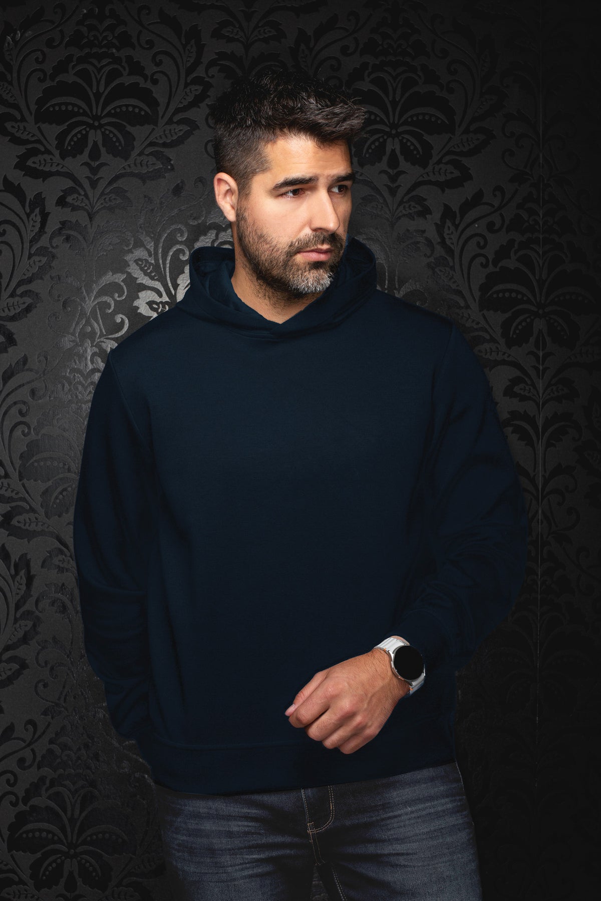 Au Noir men's navy pullover sports jacket with ribbed hem, hooded neckline and long sleeves, front view
