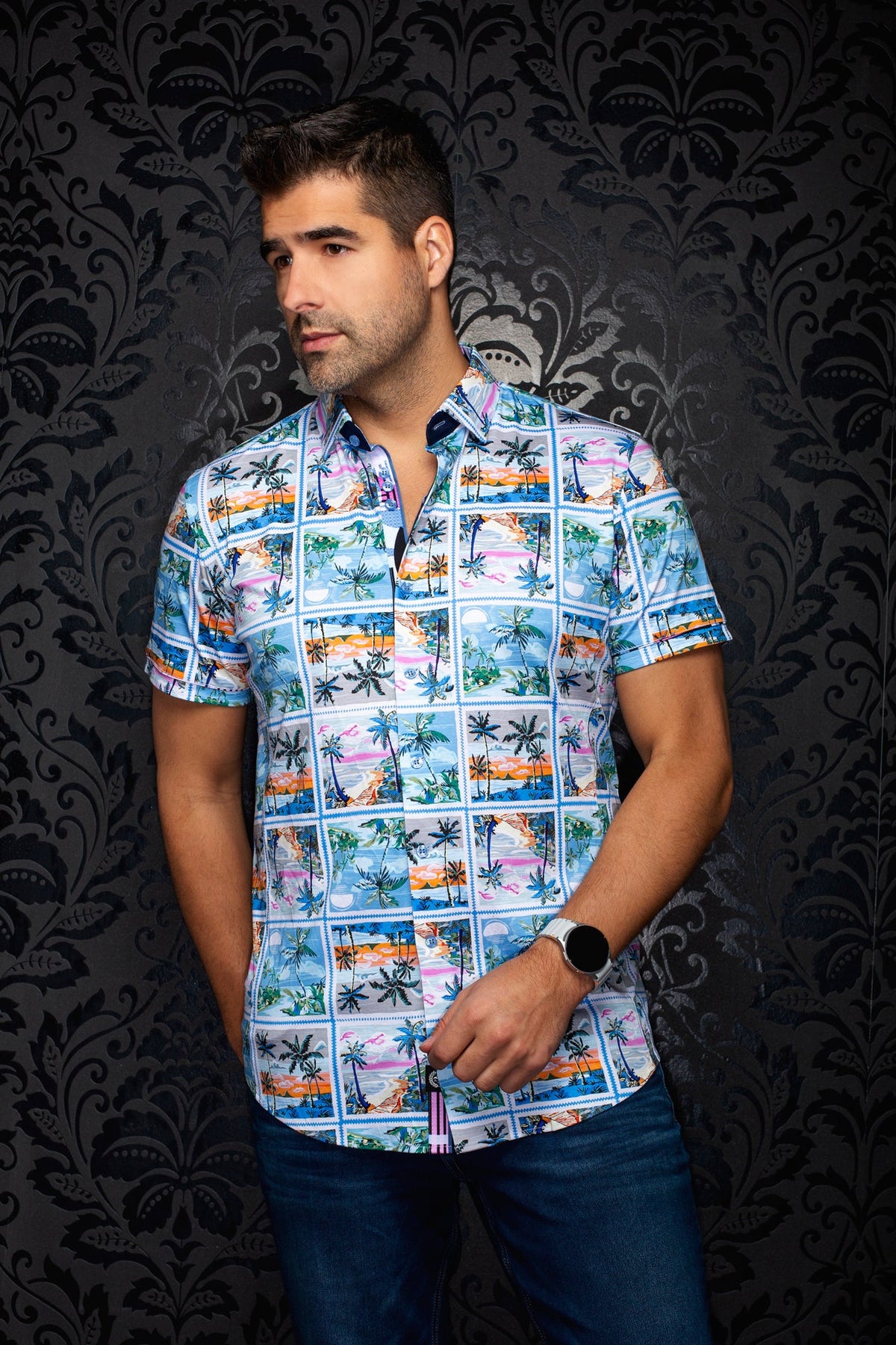 Chemise manches courtes en Knit extensible pour homme par Au Noir | KANAHA (SS) Bleu Pâle | Boutique Vvög, inventaire complet de la marque Au Noir