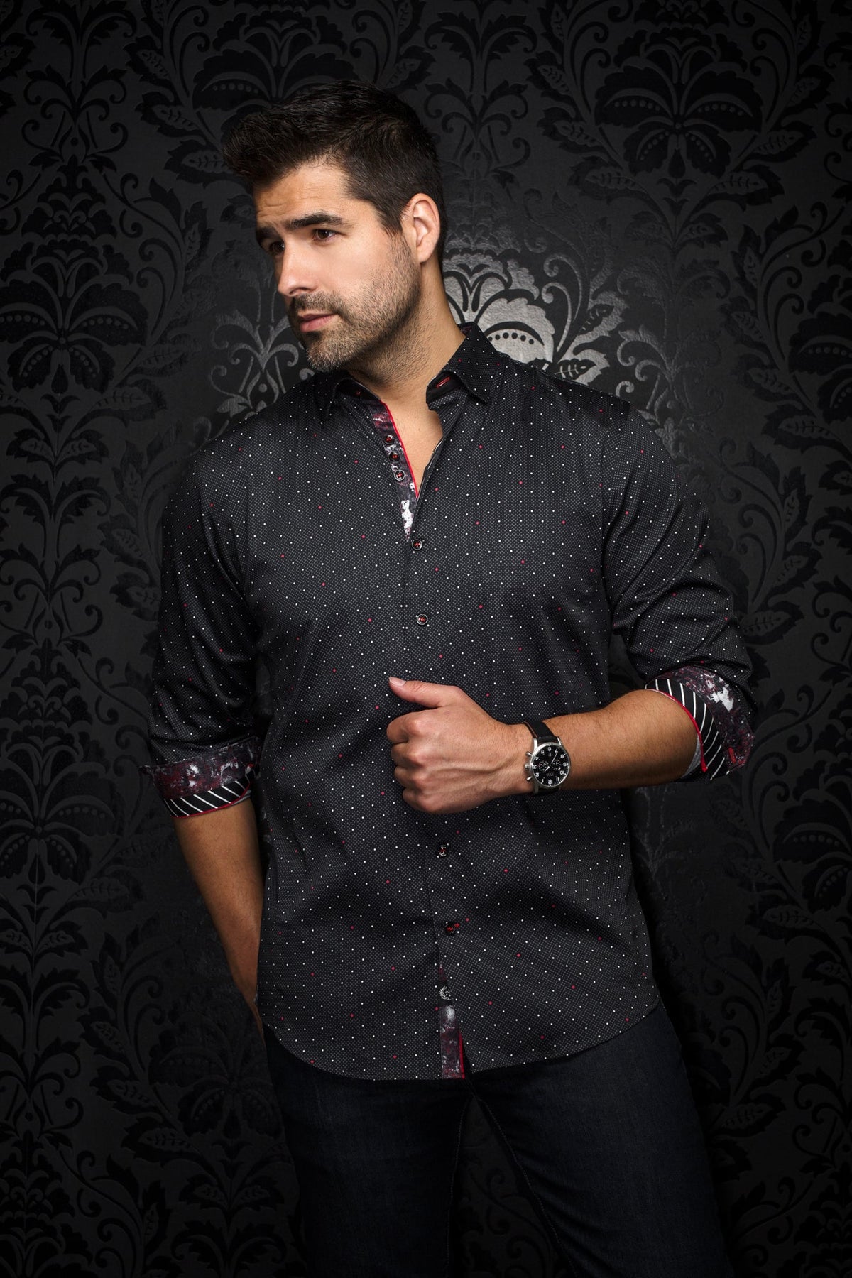 Chemise manches longues pour homme par Au Noir | LANZANI Noir Rouge | Boutique Vvög, inventaire complet de la marque Au Noir