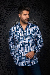 Men's navy button-up shirt with long sleeves, tan buttons and white geometric print, front model view by Au Noir