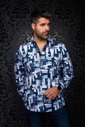 Men's navy button-up shirt with long sleeves, tan buttons and white geometric print, front model view by Au Noir