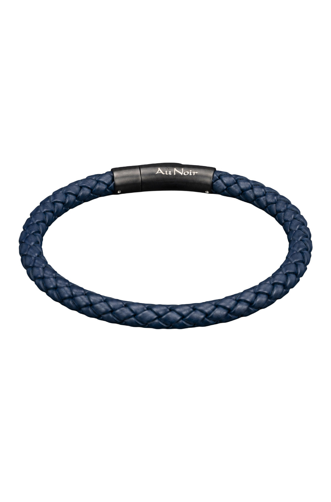 Bracelet tressé bleu marine avec logo Au Noir blanc et fermoir noir, vue produit isolée pour homme