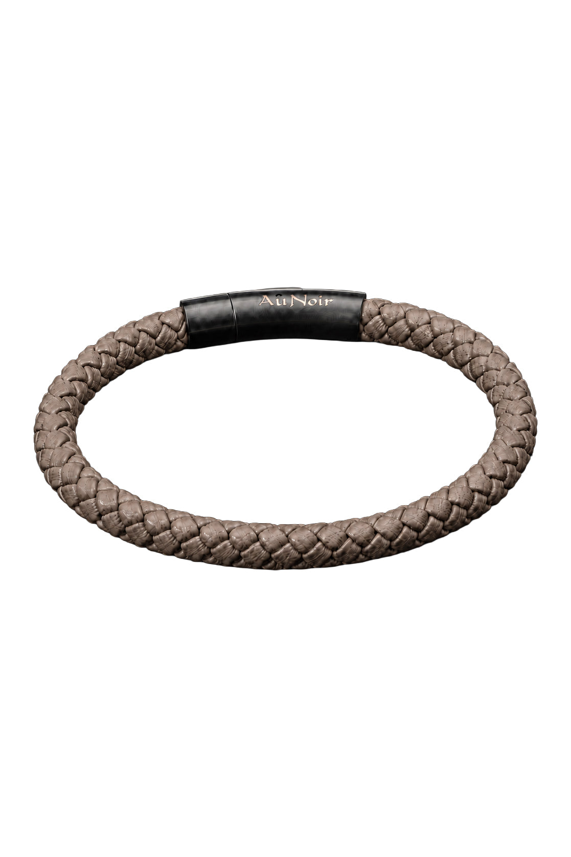 Bracelet tressé taupe avec logo Au Noir sur fond blanc et fermoir noir, vue produit pour homme