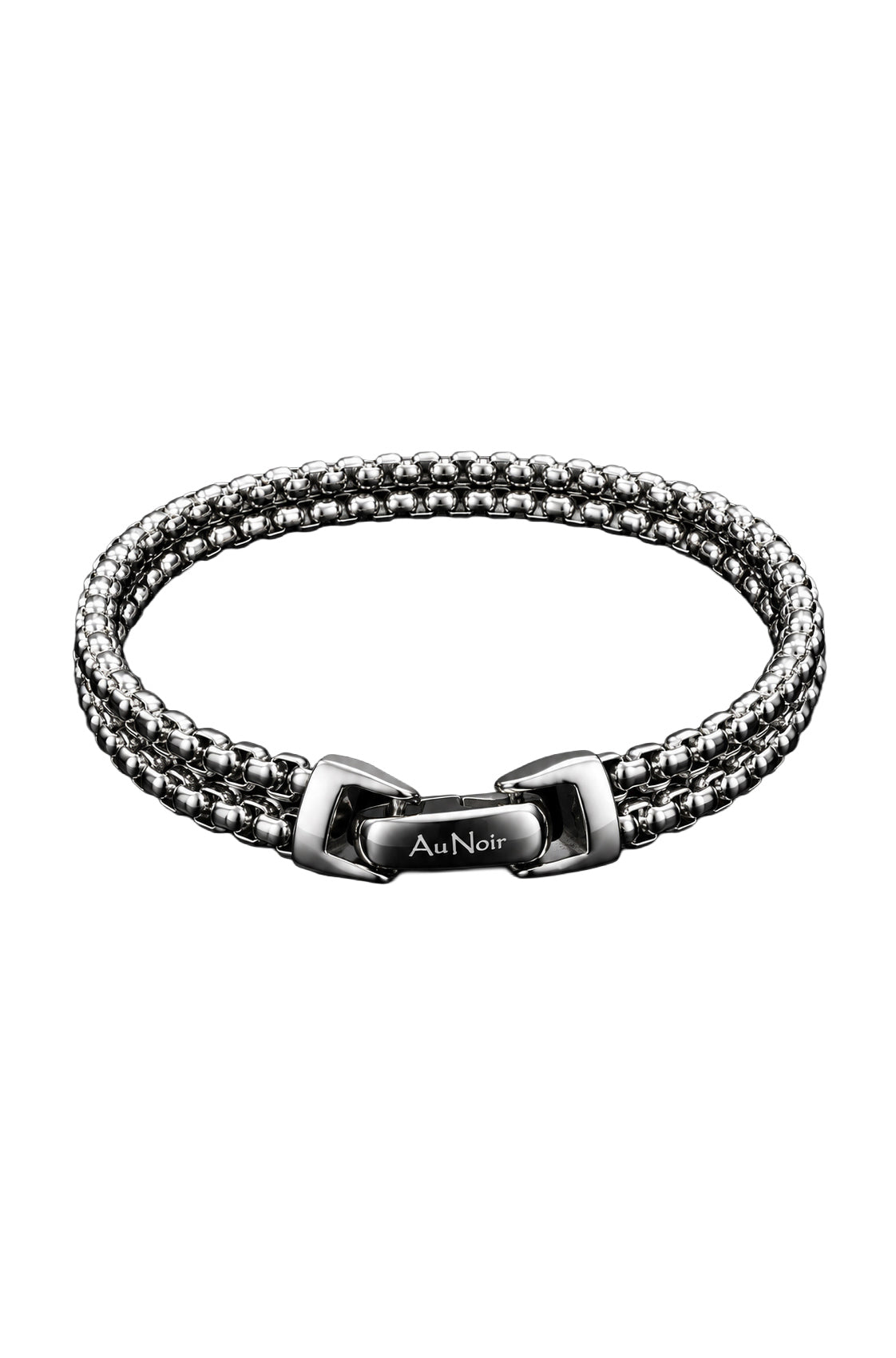Vue isolée du bracelet argenté à maillons multiples avec fermoir à logo Au Noir, vue produit pour homme