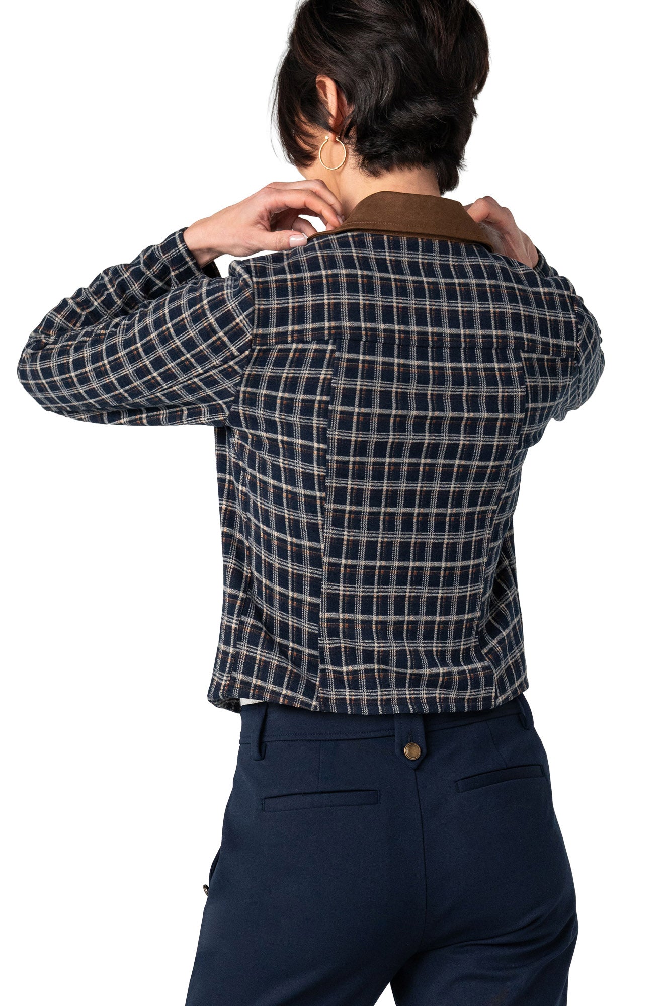 Liverpool women's cropped navy plaid blazer with brown collar and straight hem on model shown from the back