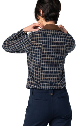 Liverpool women's cropped navy plaid blazer with brown collar and straight hem on model shown from the back