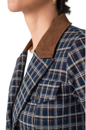 Liverpool women's navy plaid blazer with brown contrast collar, lapel, chest pocket, and button, close-up