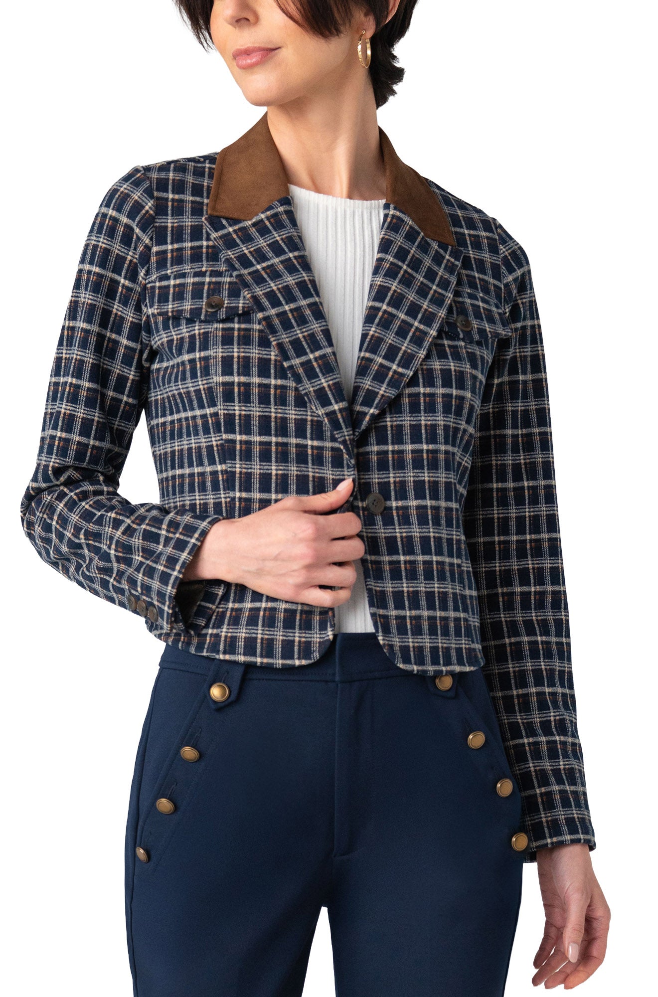Front view of women's cropped navy plaid blazer with brown collar, lapels, button pockets, and long sleeves by Liverpool