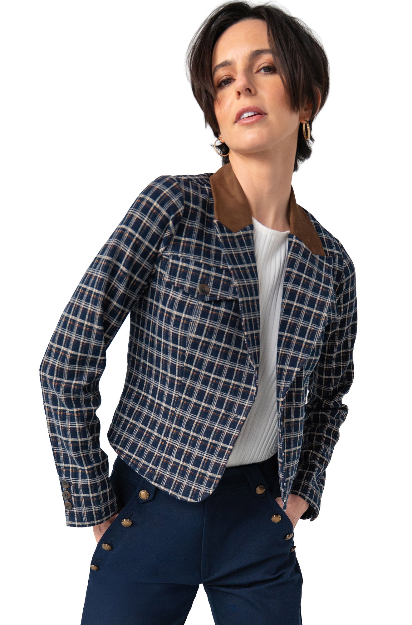 Women's angled front view of navy plaid blazer with brown contrast collar and button cuffs on model by Liverpool