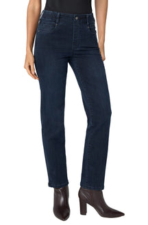 Vue avant d’un jean droit indigo foncé avec cinq poches et taille boutonnée pour femme par Liverpool