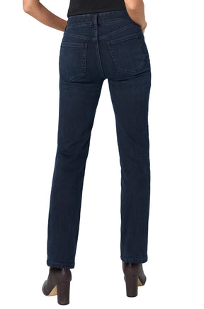 Vue arrière d’un jean droit indigo foncé avec poches plaquées arrière et empiècement pour femme par Liverpool