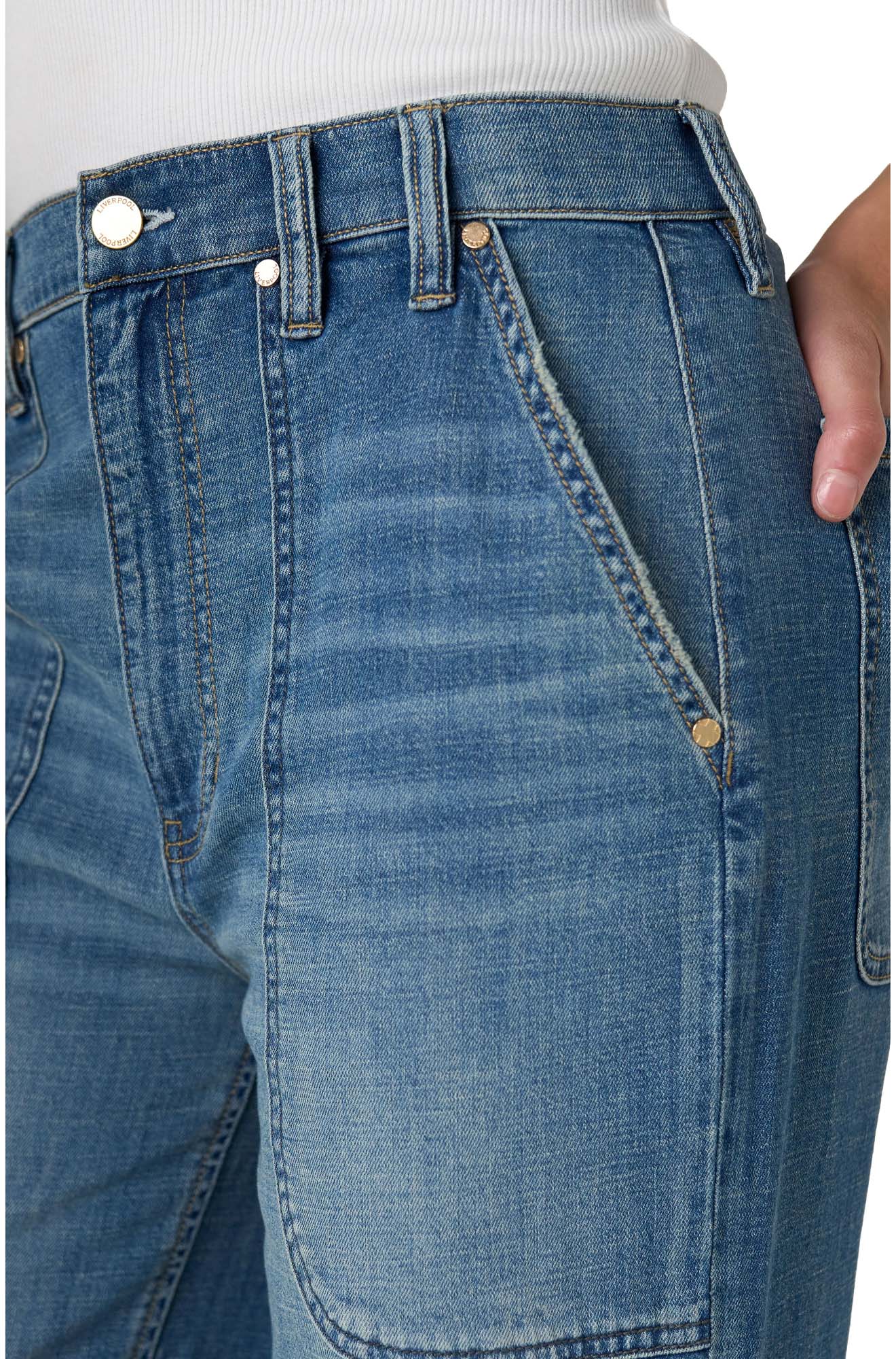 Liverpool women's light blue jean waistband, button fly area, wide-leg jeans loops, and front patch pocket, close-up