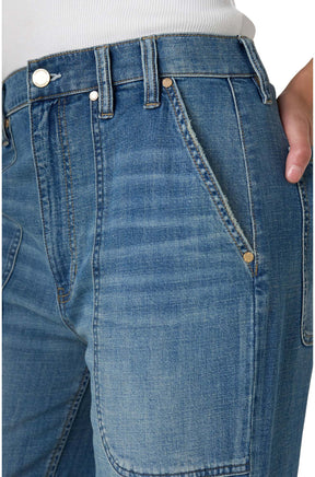 Liverpool women's light blue jean waistband, button fly area, wide-leg jeans loops, and front patch pocket, close-up