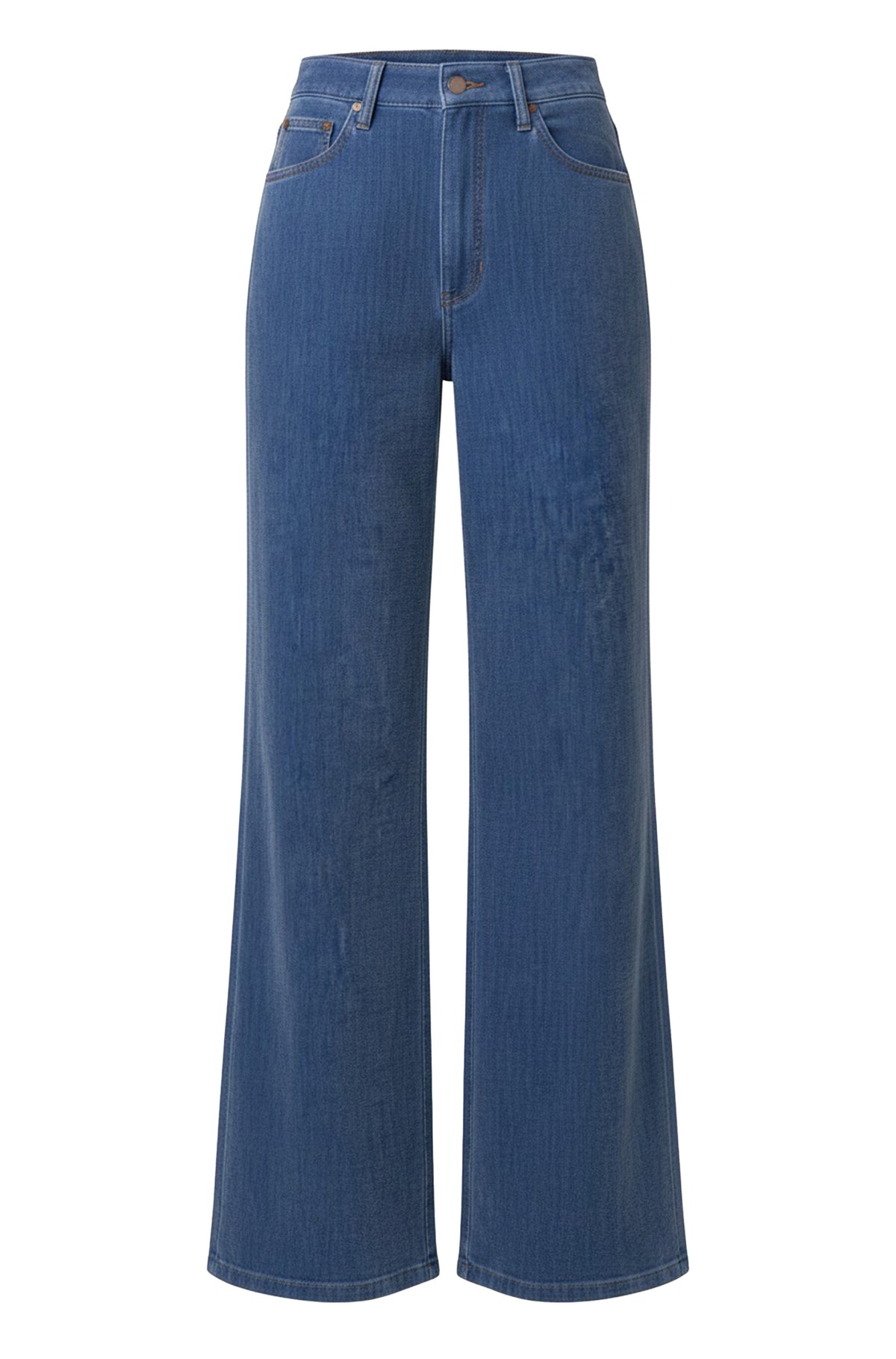 Jean bleu à jambe large, vue avant avec bouton, braguette, passants et poches courbes pour femme par Liverpool