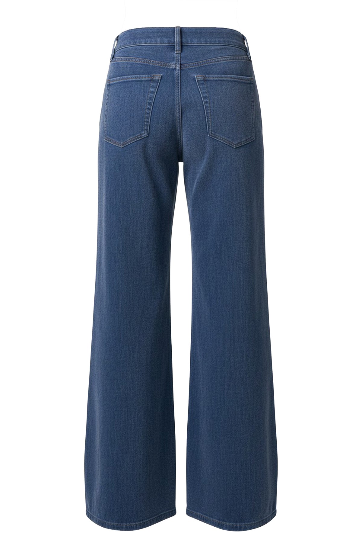 Jean bleu à jambe large, vue arrière avec poches plaquées et surpiqûres contrastantes pour femme par Liverpool