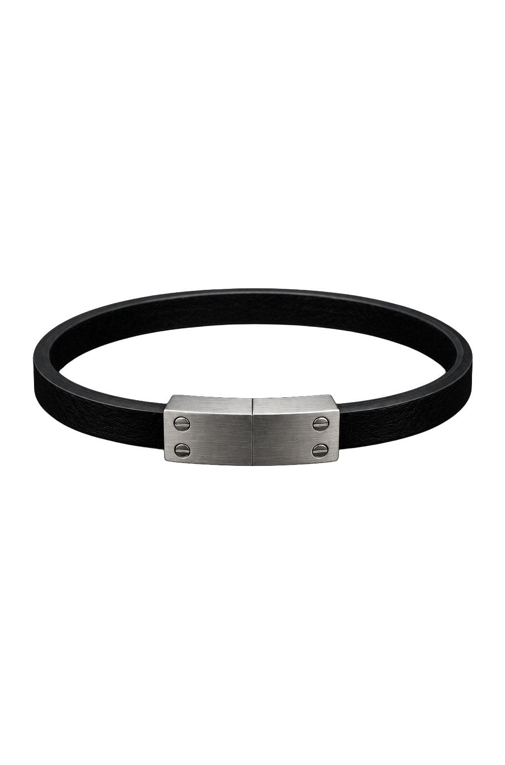 Bracelet noir avec détails de vis et fermoir argent brossé, vue produit isolée pour homme par Au Noir