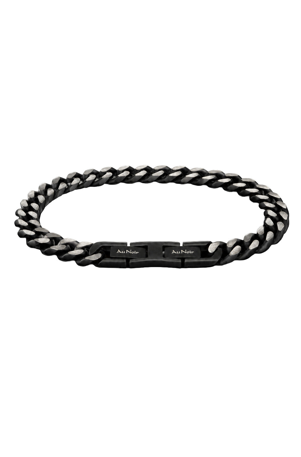 Bracelet chaîne noir à maillons argentés et fermoir avec logo Au Noir pour homme, vue produit
