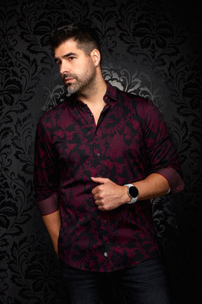 Au Noir men's angled model view of black burgundy floral button-up shirt shown from the side