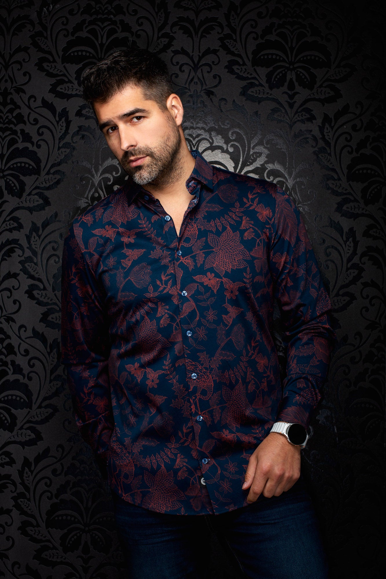 Au Noir men's navy button-up shirt with long sleeves, spread collar and burgundy floral print, front view