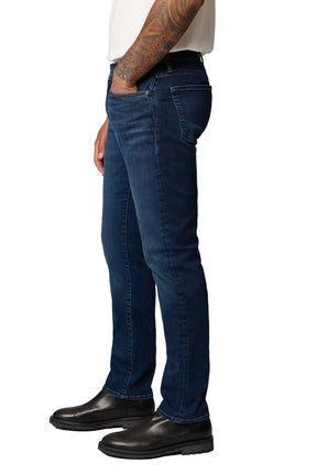 Mavi Jeans men's dark blue washed straight-leg jeans showing coin pocket, back patch pocket profile, side view