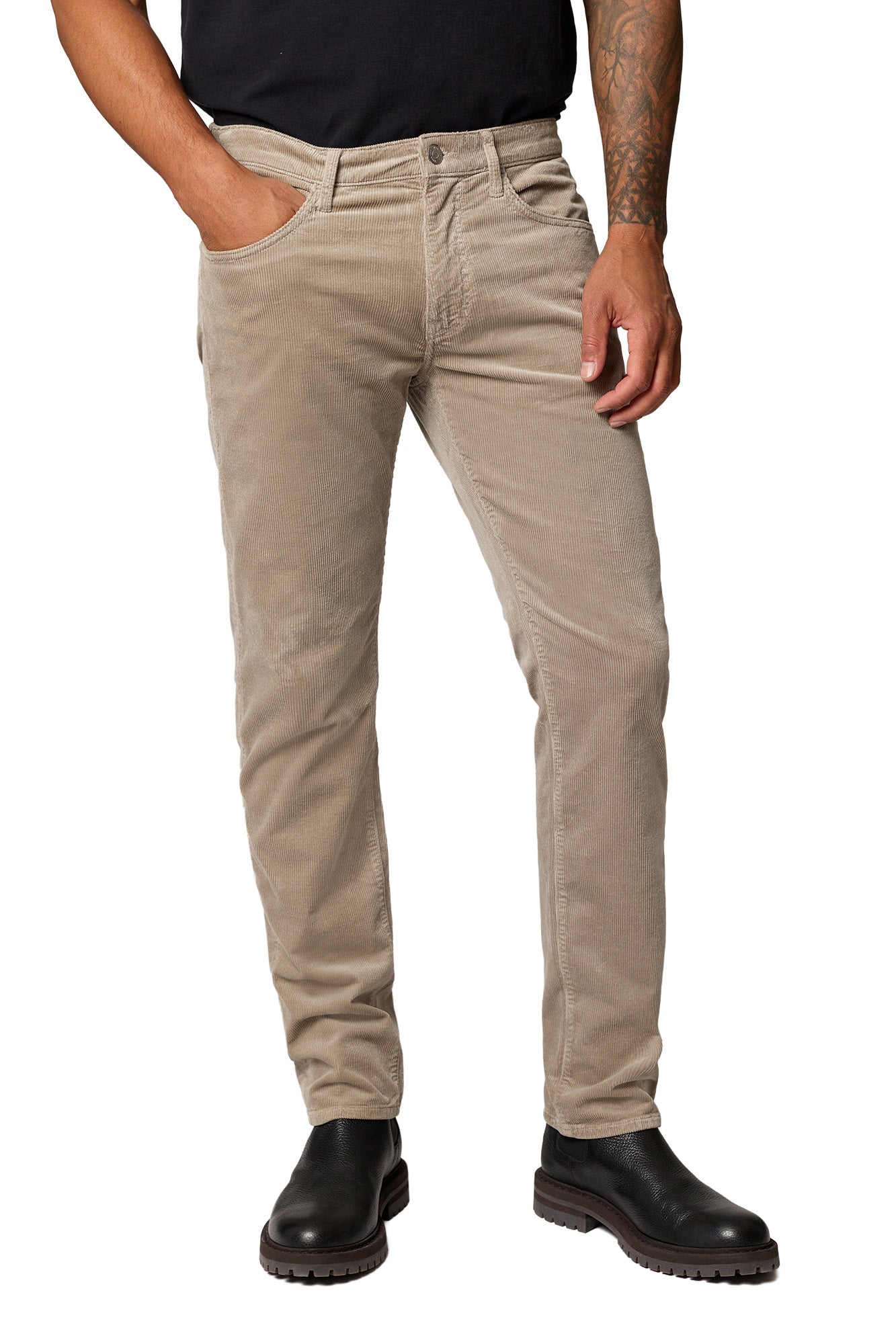 Mavi Jeans men's beige corduroy straight-leg jeans with button fly, belt loops, and five-pocket styling, front view