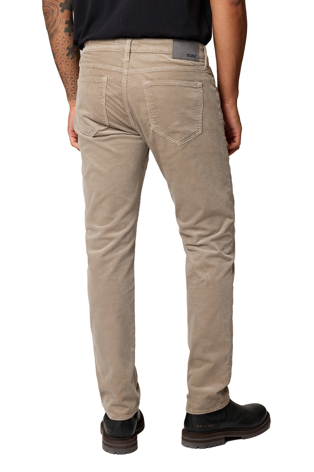 Mavi Jeans men's beige corduroy straight-leg jeans with patch pockets, belt loops, and gray logo patch, back view
