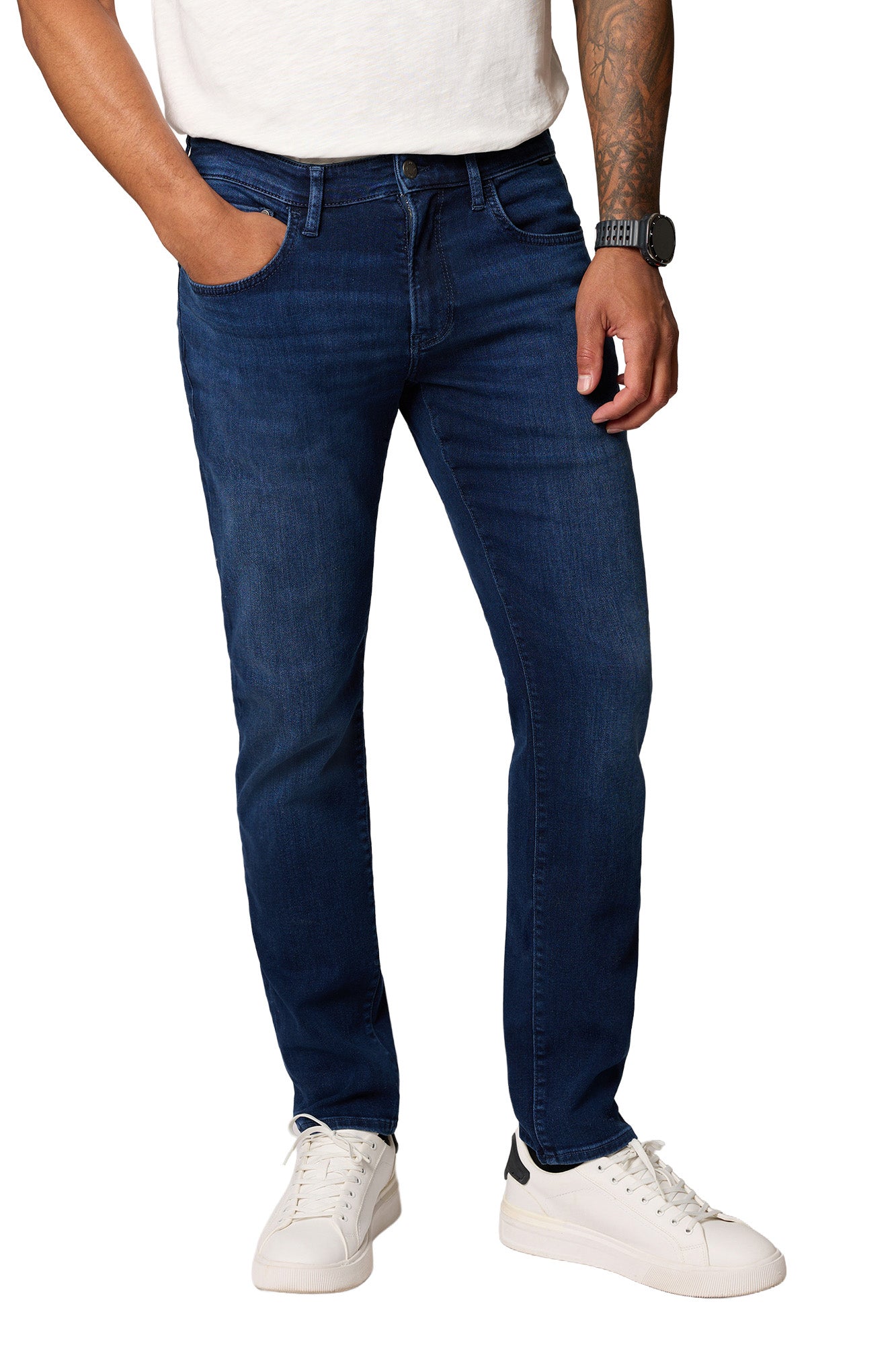 Mavi Jeans men's dark blue straight-leg jeans with five-pocket styling, belt loops, front view