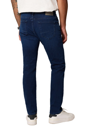 Mavi Jeans men's dark blue straight-leg jeans with patch pockets, belt loops and gray waistband logo patch, back view