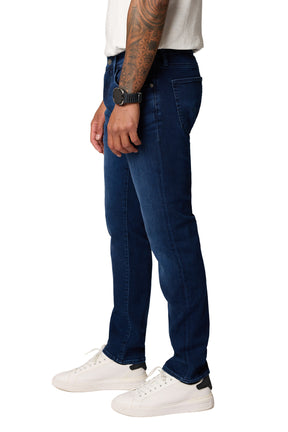 Mavi Jeans men's dark blue straight-leg jeans with back pocket, belt loops and straight full-length leg, side view