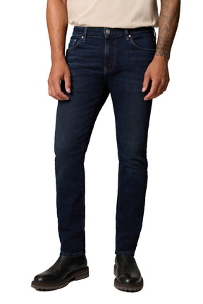 Mavi Jeans men's dark indigo straight-leg jeans with five-pocket styling, contrast stitching, front view