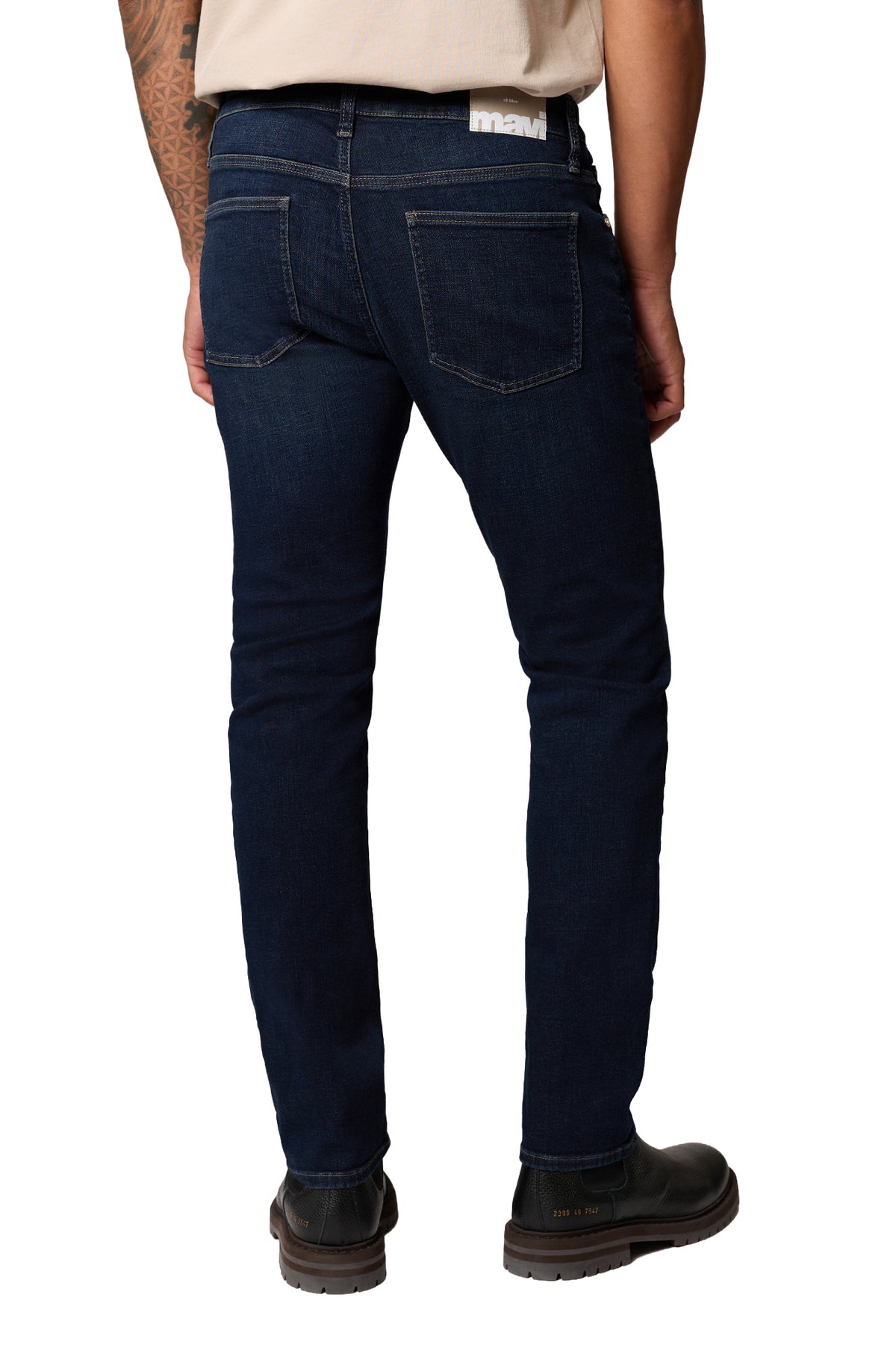 Mavi Jeans men's dark indigo straight-leg jeans with patch pockets, contrast stitching, and waistband logo patch, back view