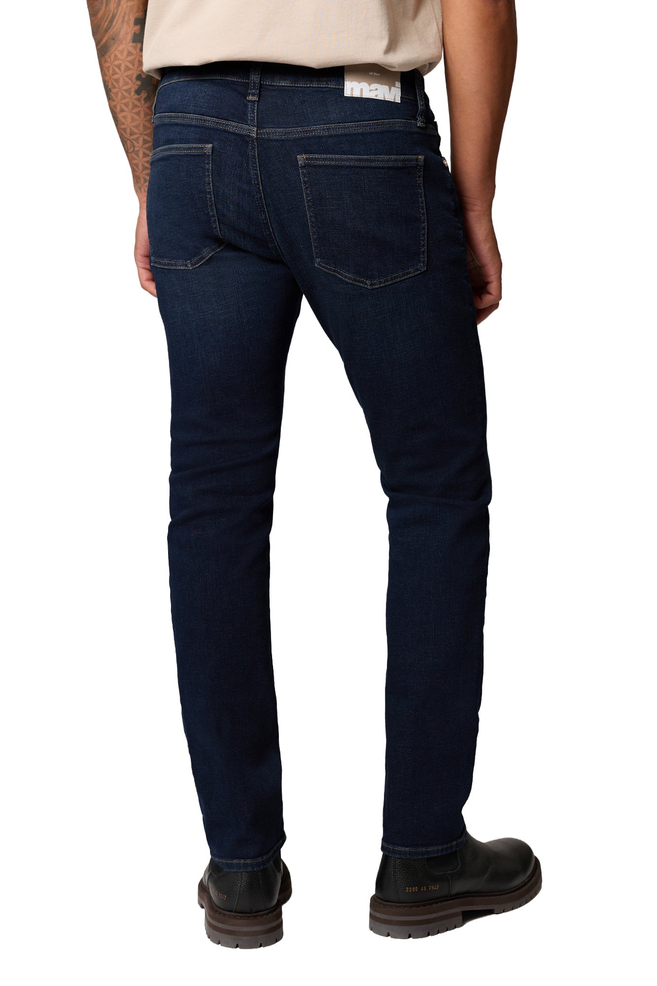 Mavi Jeans men's dark indigo straight-leg jeans with patch pockets, contrast stitching, and waistband logo patch, back view